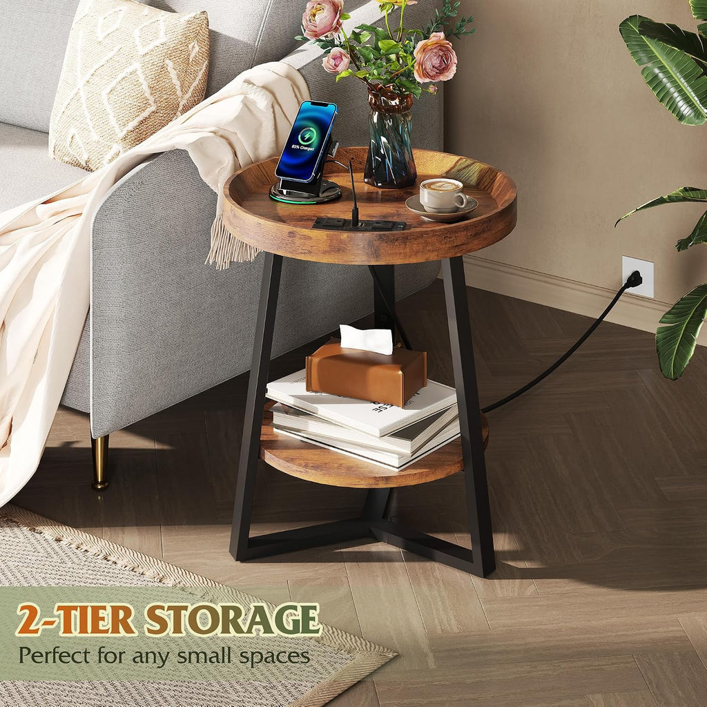2-Tier Rustic Charging Round Side Table