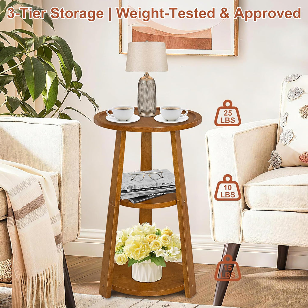 3-Tier Amber Brown Solid Wood Side Table