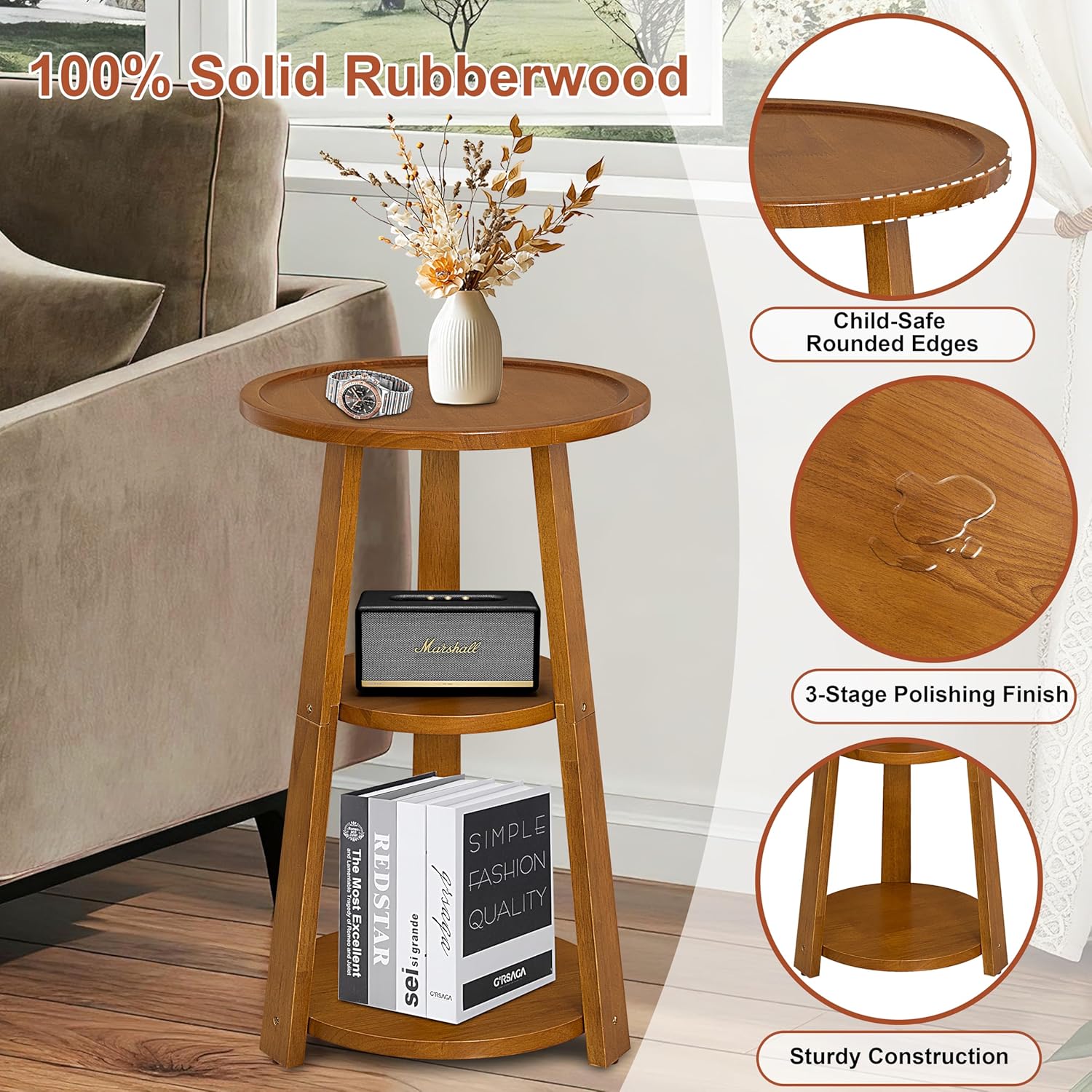 3-Tier Amber Brown Solid Wood Side Table