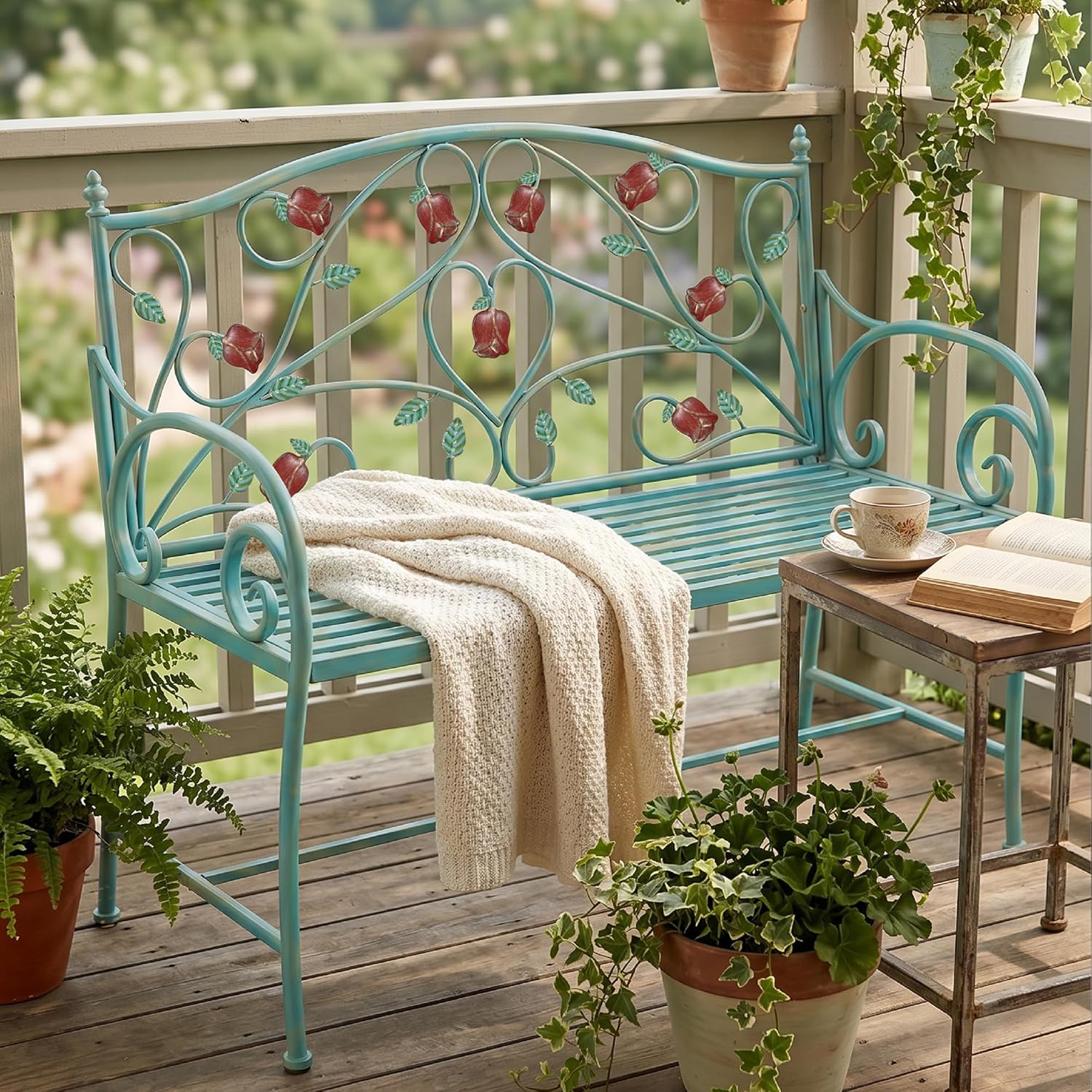 DIBRATY Rose Pattern 2-Seater Metal Bench