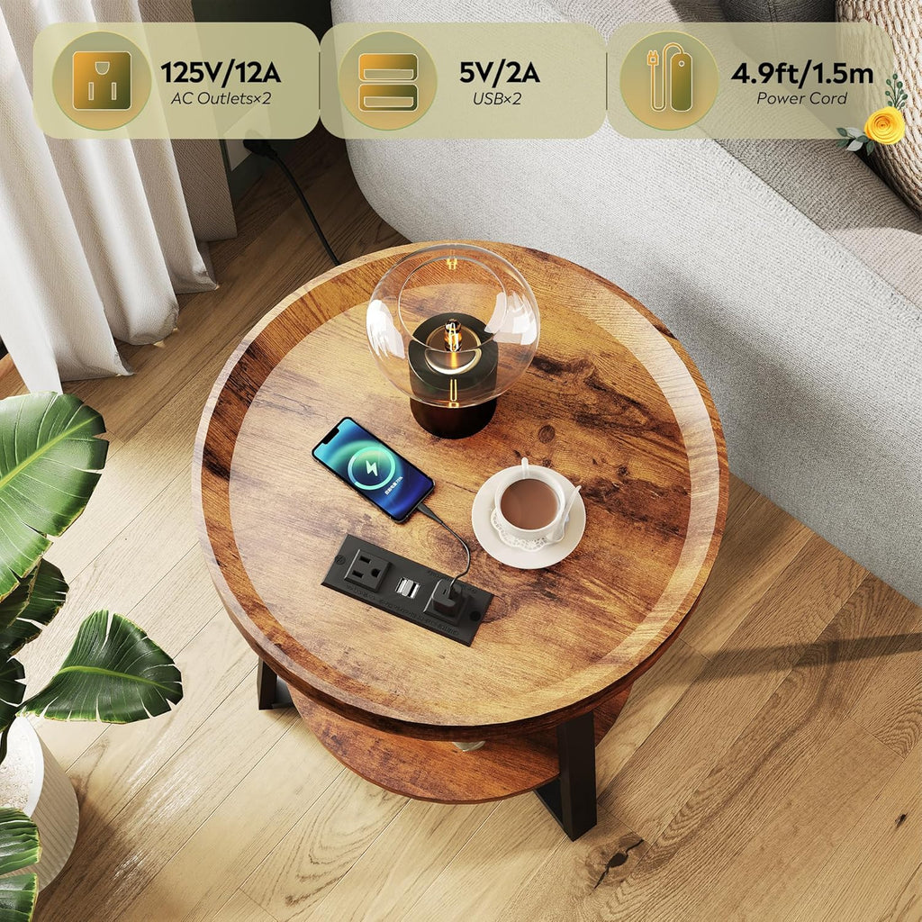 2-Tier Rustic Charging Round Side Table