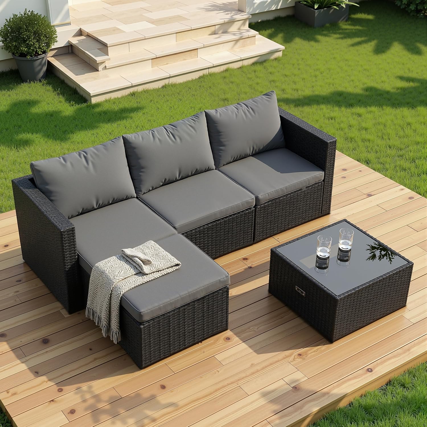 Shintenchi 4-Piece Convertible Wicker Sofa